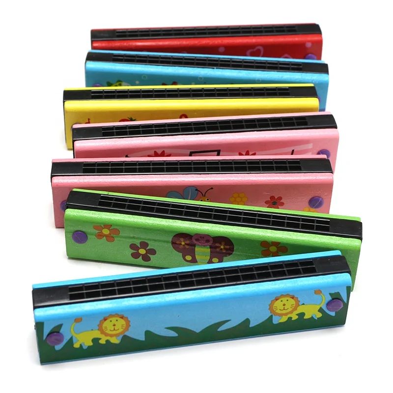 Mouth Organ Wooden Blues Harmonica 16 Holes Double Row Wooden Chromatic Harmonicas Children Early Education Musical Instrument