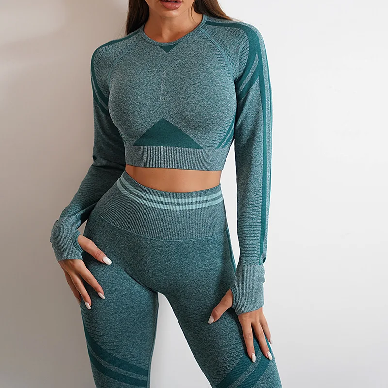 Hot sale seamless knit athletic active wear sports t shirt biker shorts scrunch butt leggings sets women long sleeve yoga set