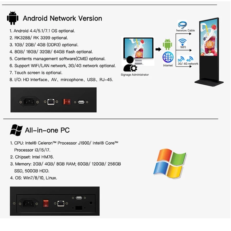 KINGONE 55 inch TV Vertical LCD Monitor Advertise Screen Floor Stand Display Advertising