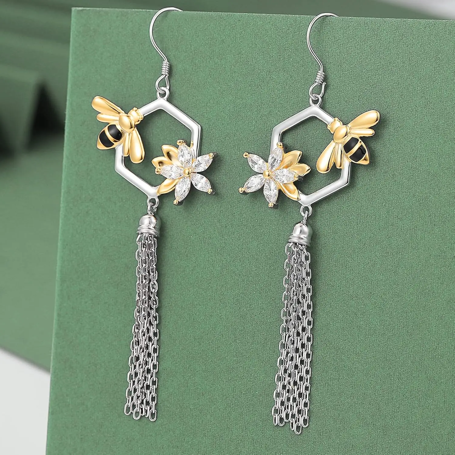 Silver Honeycomb Bee Tassel Earrings 925 Sterling Silver Bumble Bee Tassel Earrings Jewelry for Women