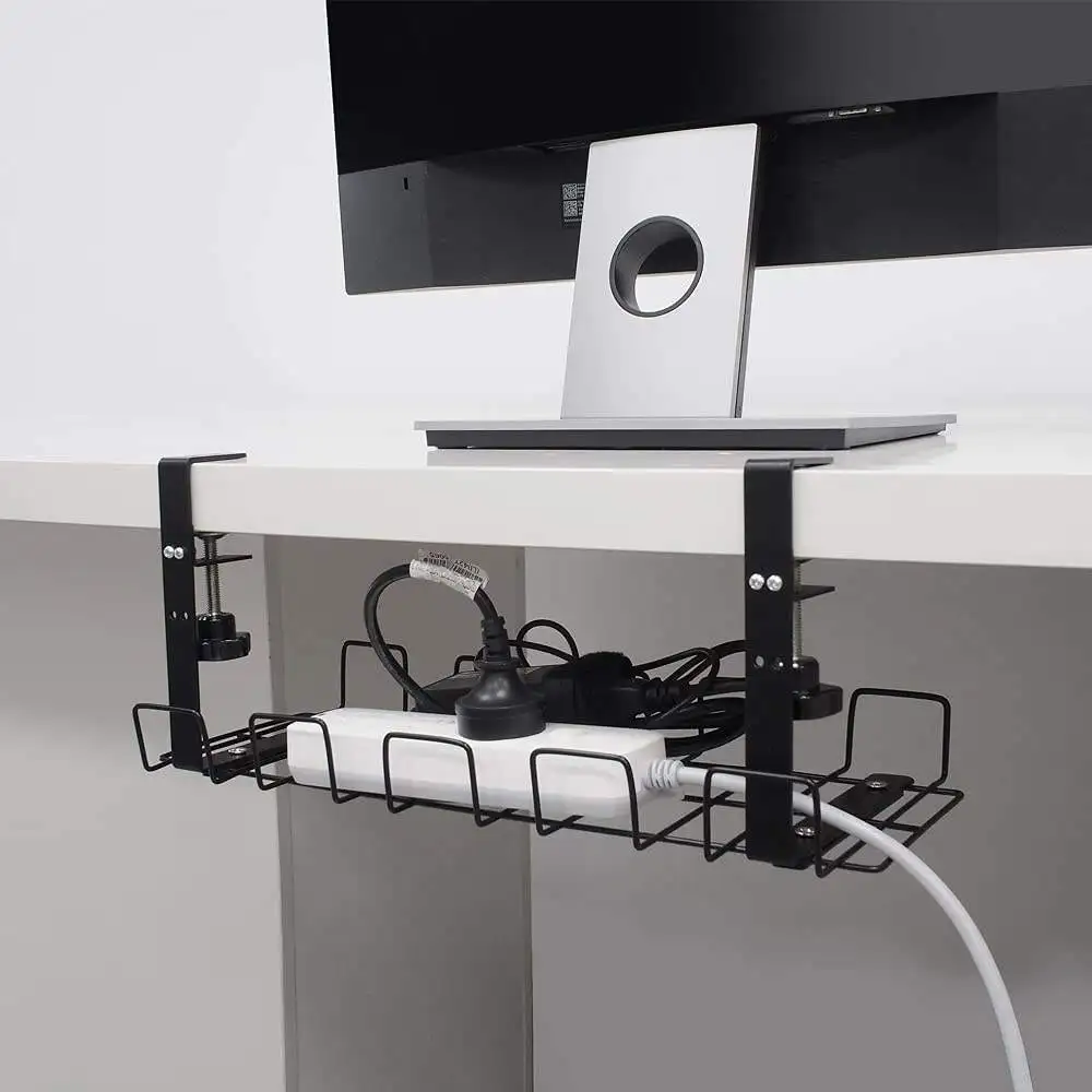 Amazon no-drill power strip storage rack, office desk wire organizer, cord holder with adjustable hanging basket.