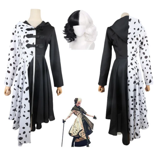 Анимационный костюм Cos Cruella для девочек злой королевы косплея детская фантазия одежда Хэллоуина парик вечеринки маскарадный