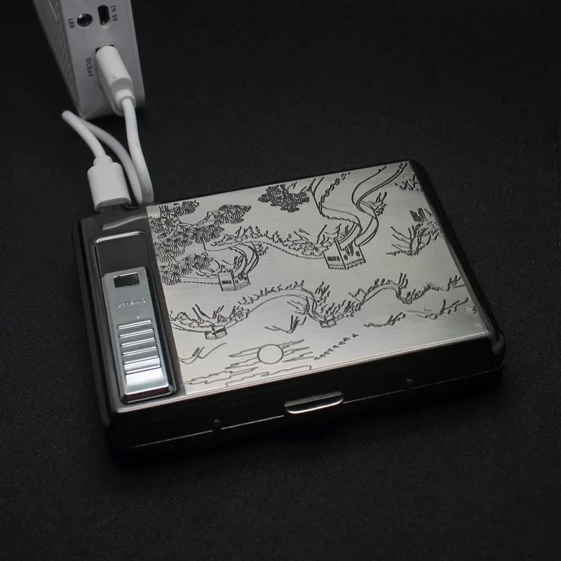  Металлический черный портсигар с перезаряжаемой электронной USB-зажигалкой для подарка 20