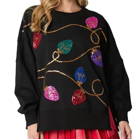 Hot Sale Crew Neck Sequin Embroidered Lights Multicolor Top Holiday Christmas Sweatshirt