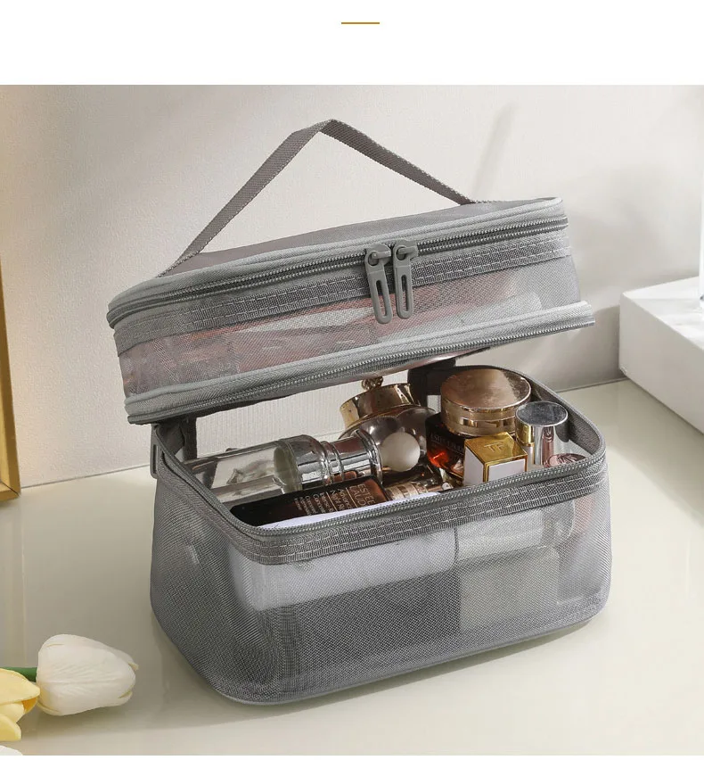 Wholesale Two Layer Grey Mesh Cosmetic Bags Toiletries Makeup Pouches Recycling Mesh Zipper Bag Nylon Mesh Bag Travel Pouch