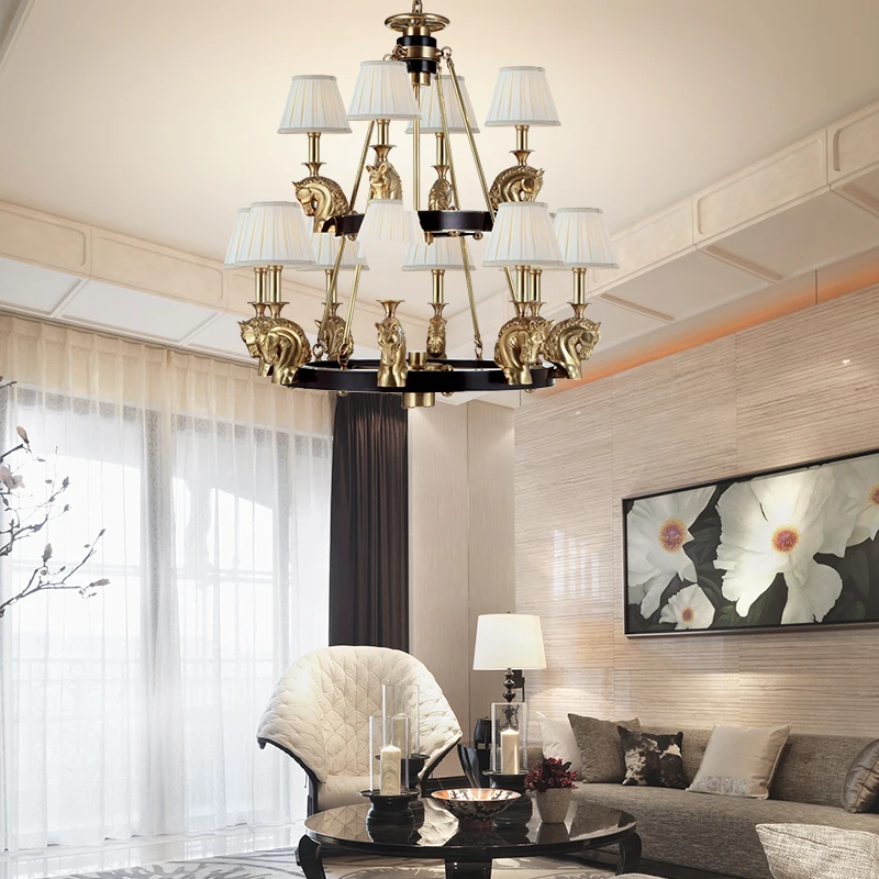 Vintage Indoor 12 Light Industrial Brass Horse Metal Black Chandelier for High Ceiling Living Room