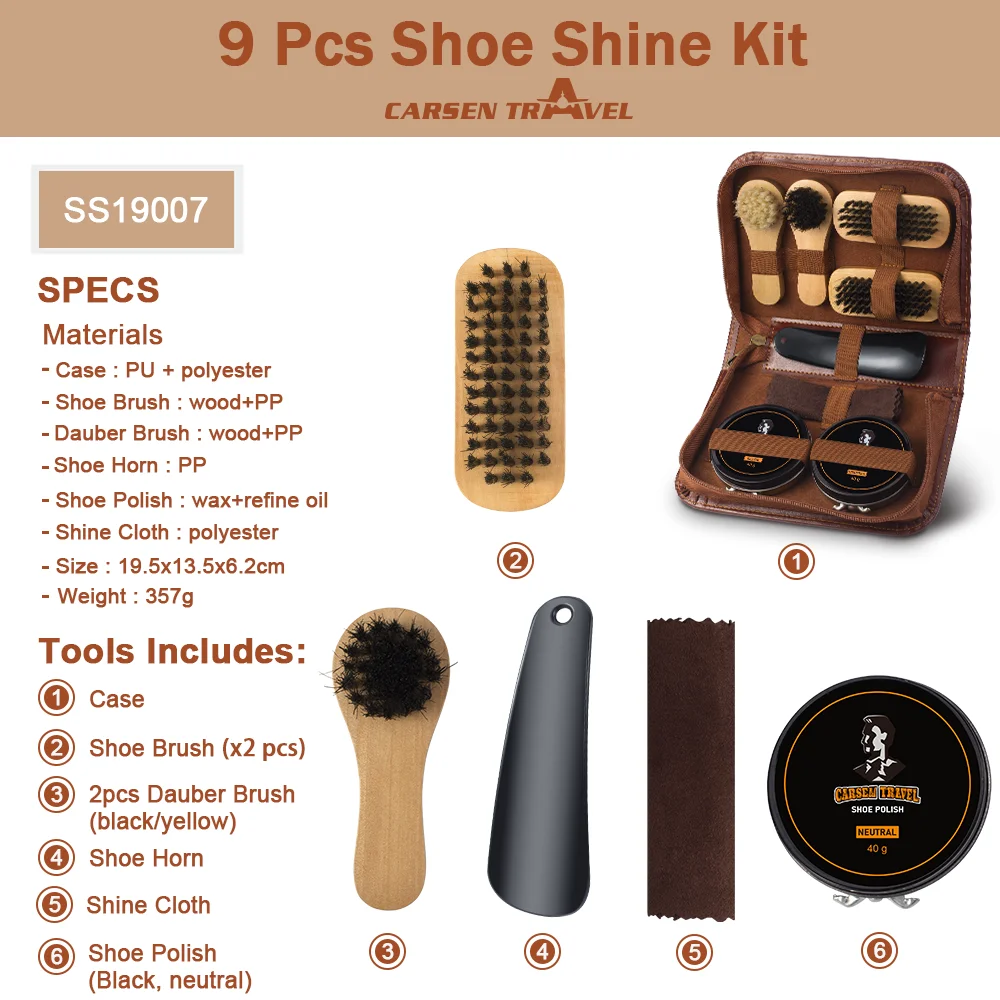 Ideal Gift 9pcs Shoe Cleaning Kit Travel Shoe Shine Kit Shoe Horn Brush Shine Cloth PU Leather Carry Bag For Men