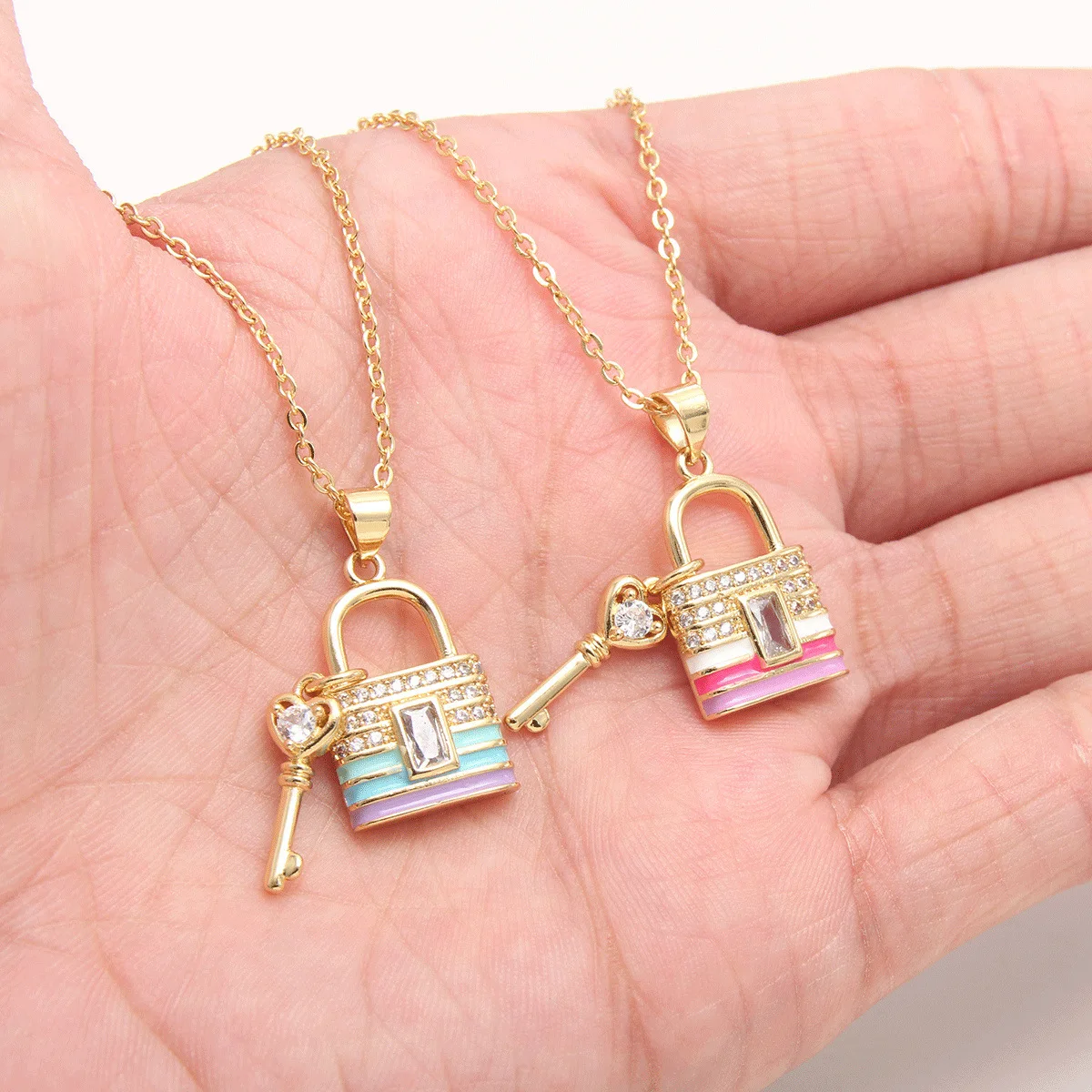 New Fashion Unisex Pendant Necklace Key Lock Diamond Zircon Copper Brass Link Chain Bamboo Style Party Religious Trendy