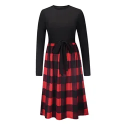 2021 Autumn O-neck Long Sleeve Scotch Dress Women Red Plaid Dress Womens Formal Dresses Elegant