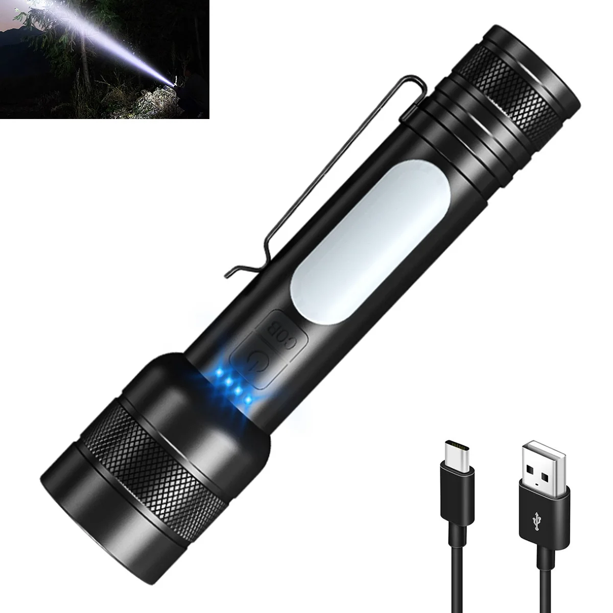 Flashlights High Lumens Rechargeable, LED Flashlight with Clip & COB Side Lights P50 Hight Lumens Battery Including for Camping