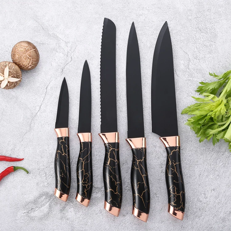 Hot selling rose gold double electroplating head marble pattern stainless steel kitchen knife set