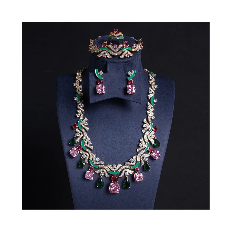 Wholesale Bridal Costume Jewellery Gifts Colorful CZ Diamond 4 Pieces Branches Women Wedding Jewelry Set