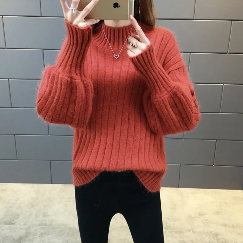 Promotion Fashionable women mock collar lantern sleeve free size cable knit women sweater