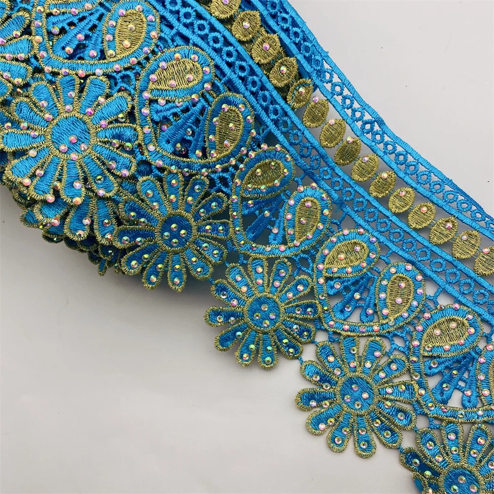 Golden Knit 12cm Width 3d Flower Polyester Lace Embroidery African Lace Trim