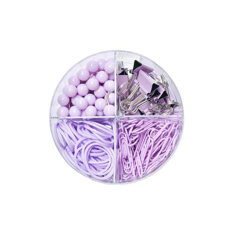 Wholesale Macaron color 4-cell paper clip ticket holder binding combination barrel rubber band pushpin office binder clip set