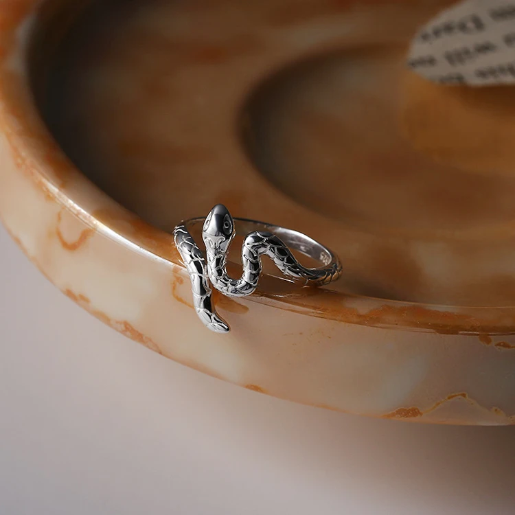 S925 Sterling Silver Black Mamba Serpentine Snake Open Ring for women wholesale
