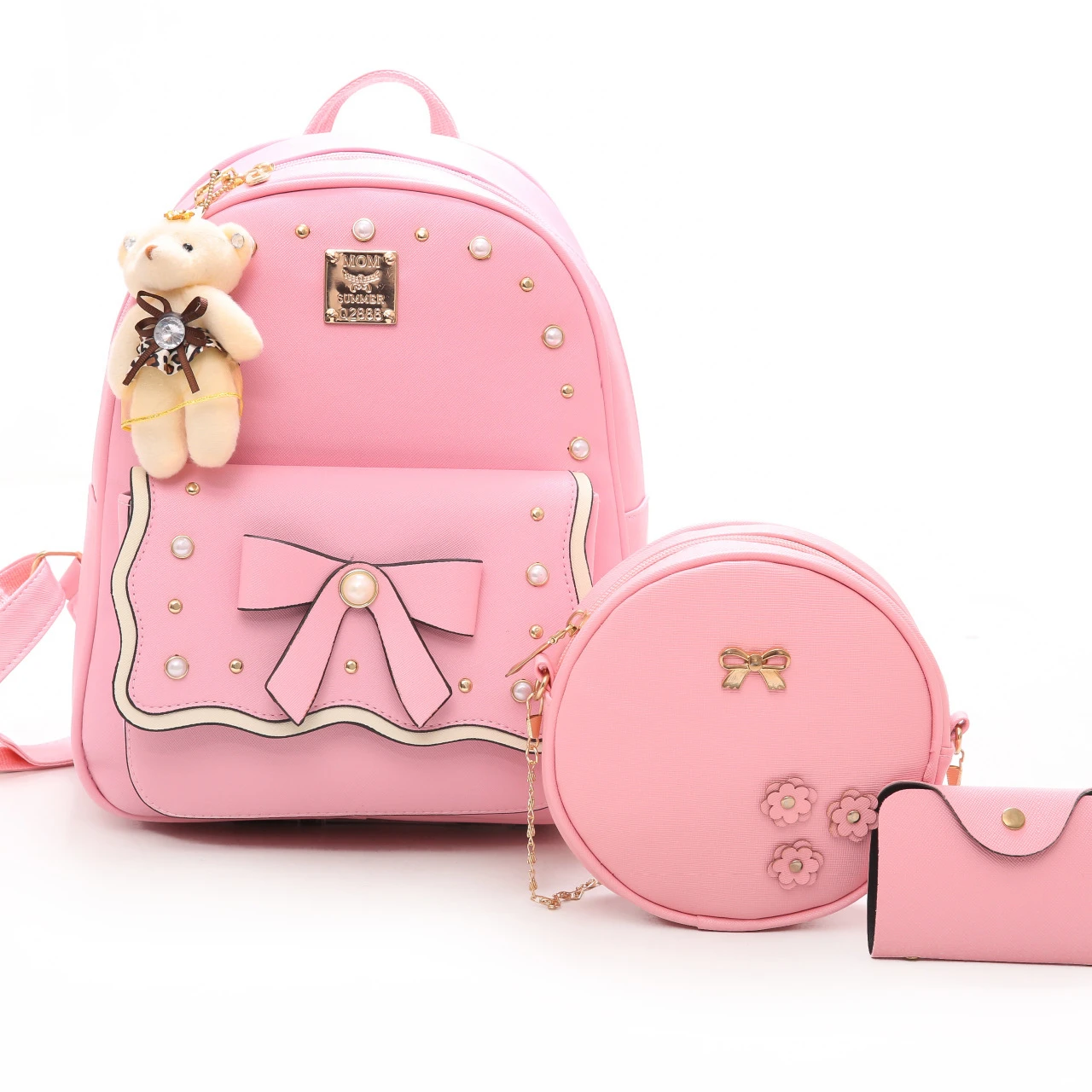 2022 new Korean version campus bow three piece PU bag cute casual backpack travel backpack for girls bagpack school bag