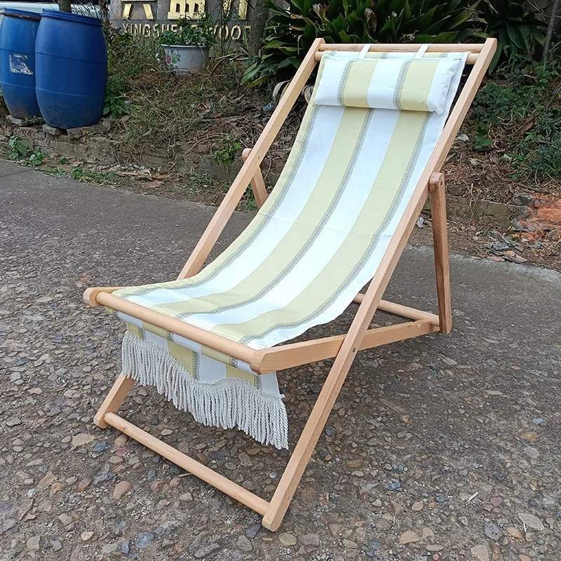 Modern simple easy carry classic terrace armless stripe cotton hardwood timber folding outdoor beach chair with fringes