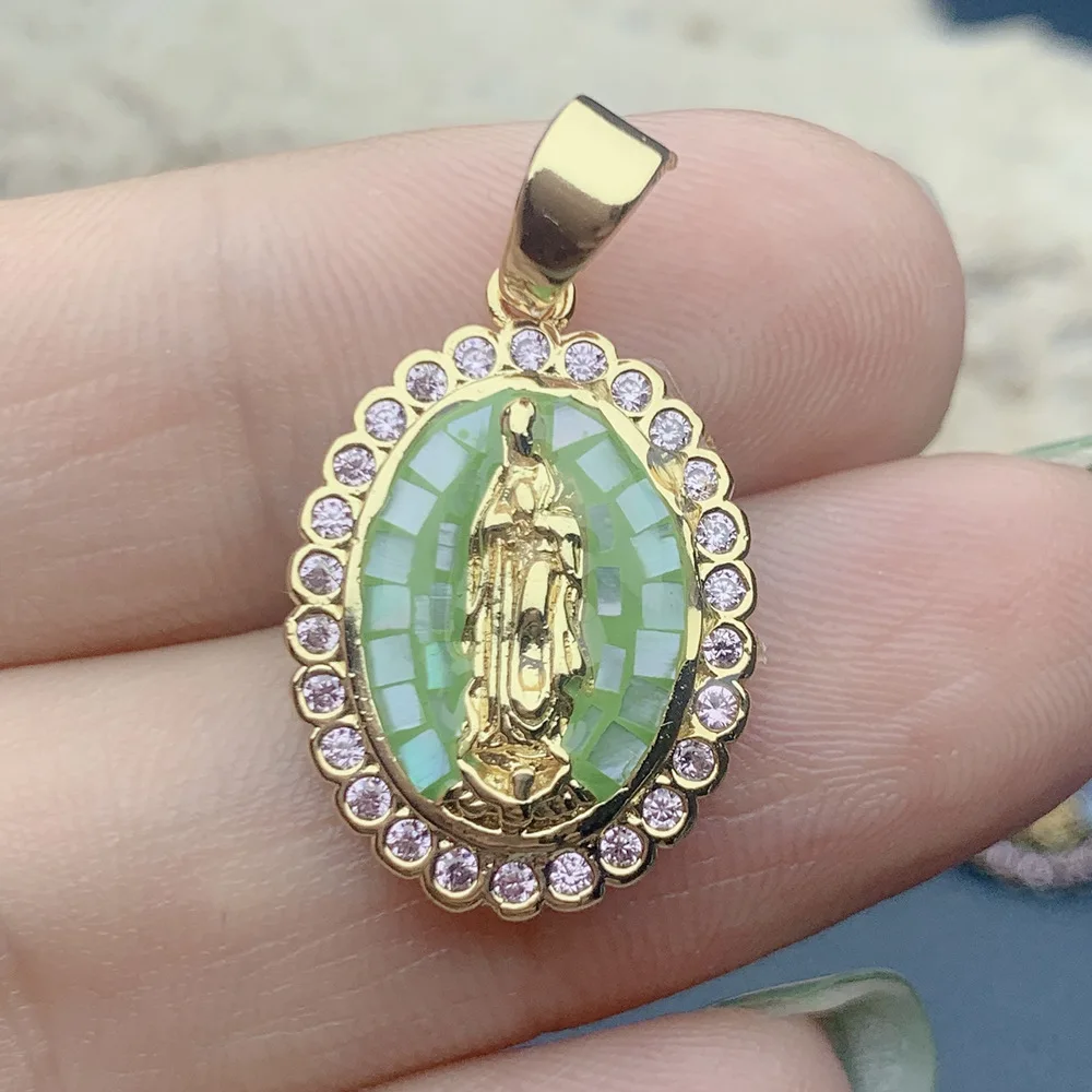 LOTOS Jewelry Oval Medal 14k oro laminado Religion Virgin Pendants Zircon colour Shell Charms Necklace