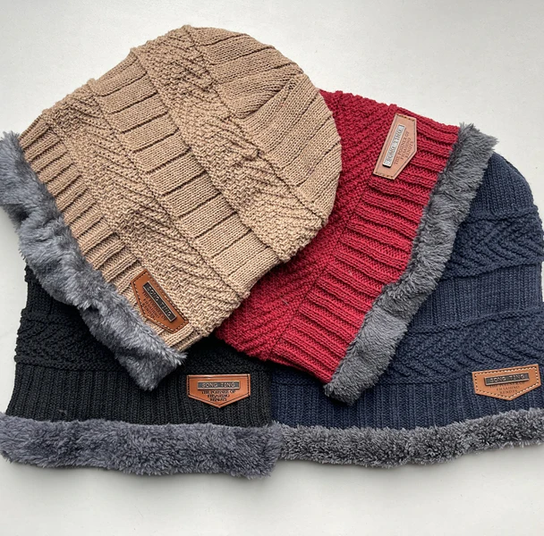 2022 men warm winter hat with Scarf Wool Lining Thick Warm Knit beanies Winter Beanie Caps bonnet For men