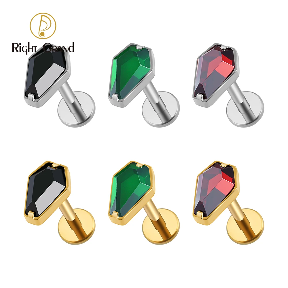 Right Grand ASTM F136 Titanium 16G Coffin Shaped CZ Labret Tragus Monroe Cartilage Conch Helix Stud Earring Flat Piercing