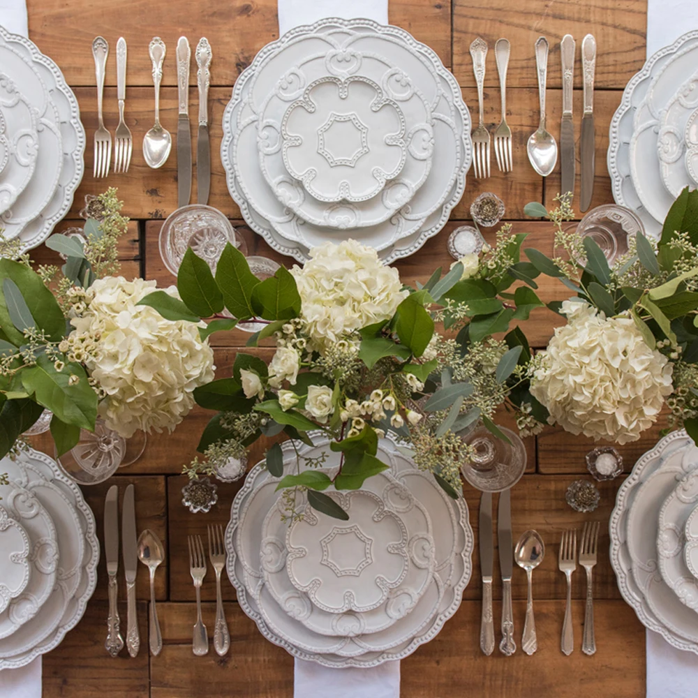 High Quality Porcelain Wedding Charger Plates Elegant Embossed White Dishes and Plates