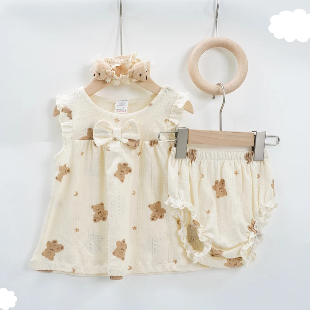 Wholesale Newborn Infant 3 Piece Bodysuit Set Printed Cotton Clothes Hair Band Plaid Pattern Knitted Cute Shorts Skirt Babies