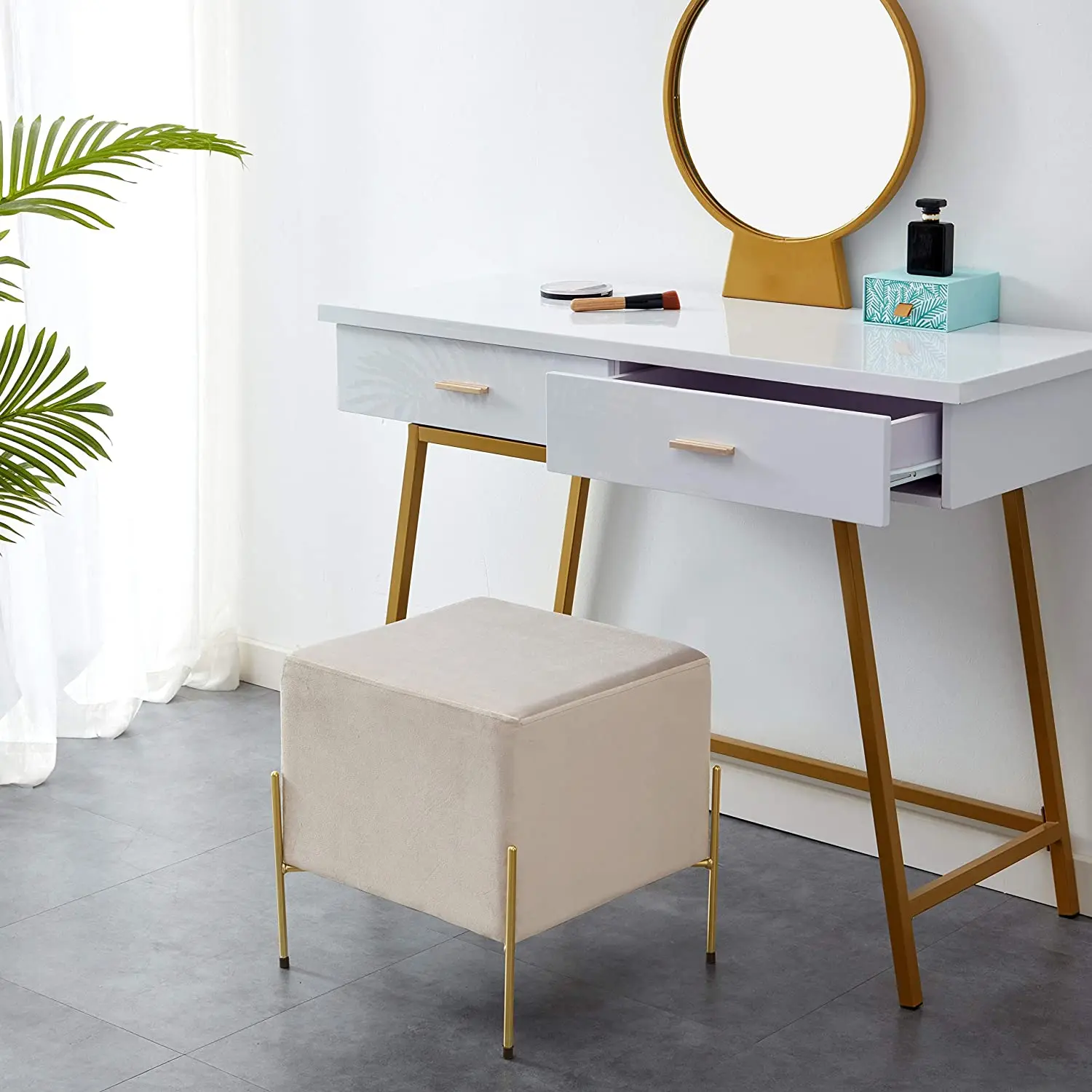 Лучший выбор товаров, Розовый бархатный оттоманка с золотыми ножками, металлическая основа, стул для гостиной, Розовый бархатный Квадратный Пуф, оттоманка