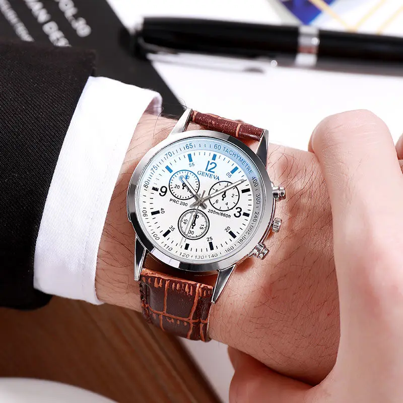 
Luxury Fashion Blue Ray Glass Three-eye Watch Leather Strap Waterproof Quartz Mens Watch for sport 