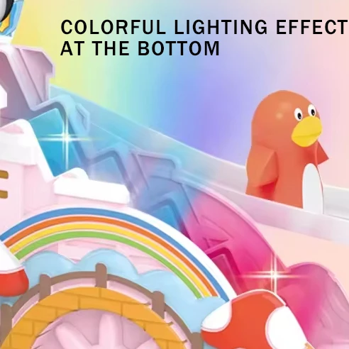 2024 Kids new educational diy assembled penguin ladder track toy fun cartoon pink gear building block track toy with sound light