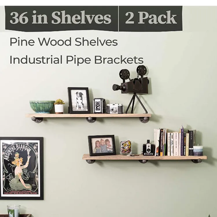 
Modern design style rectangle industrial pipe floating shelves wooden book shelf set of 2 