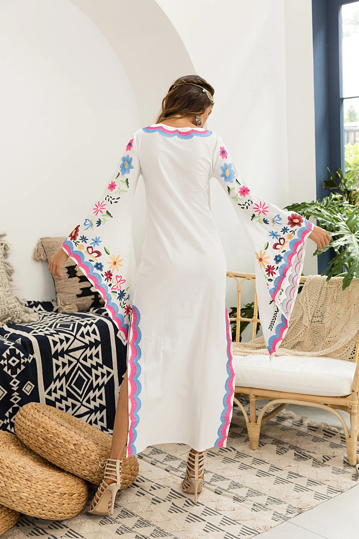 2021 Clothing Long Sleeve Beach Bohemian Dresses Ladies O Neck Floral Maxi Casual Boho Dress With kimono sleeve