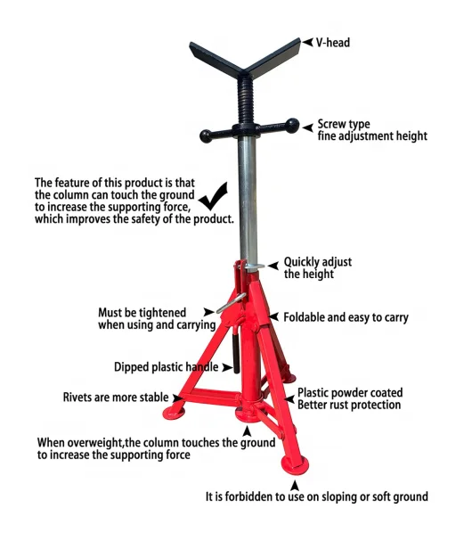 Adjustable 1.5Ton Pipe Jack Stand Pipe Supporting Stand with Transfer V-Head and Folding Legs
