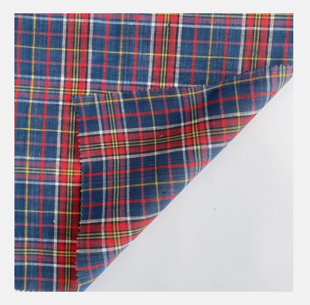 Высокое качество индивидуальный цвет синий красный клетчатая ткань льняная Печать Повседневная рубашка ткань