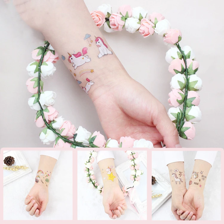 Unicorn Flowers Body Chest Waterproof Cherry Blossom Tree Women Kids Fake Temporary Tattoo Sticker