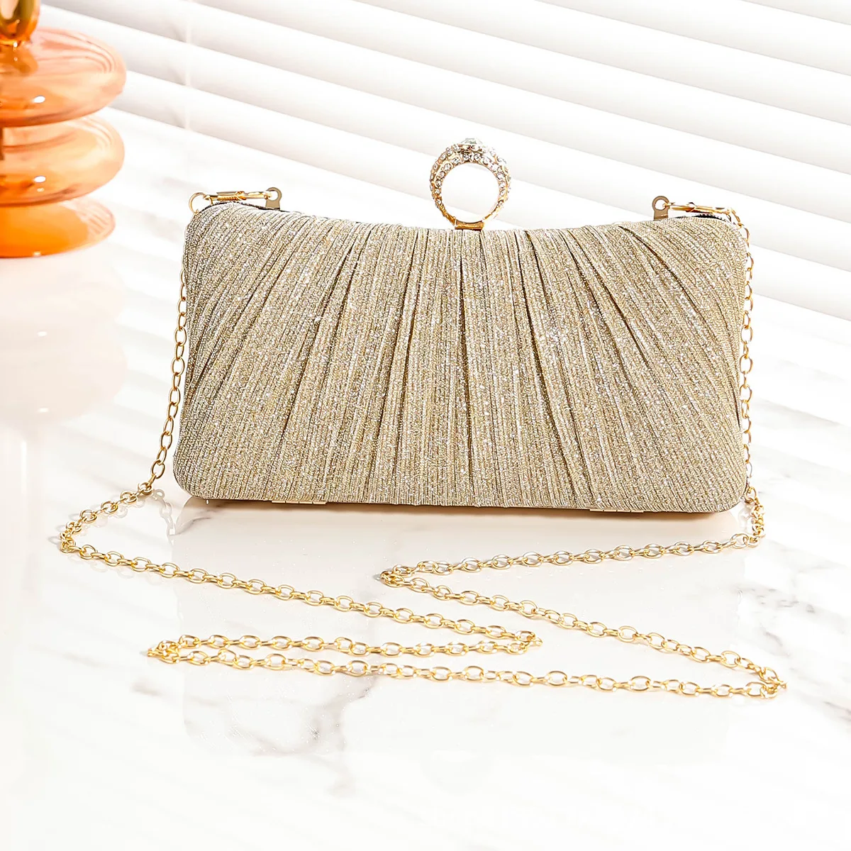 2024 Luxury Ring Solid Color Pleated Wedding Party Pair Clutch Bag Geometric Pattern Silk Pearl Dinner Bag