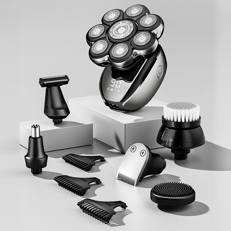 Lanumi LK-8610 6 in 1 Magnetic 8D bald shaver for bald LCD display rotary shaver men 2024 Whole body washing 8d head shaver