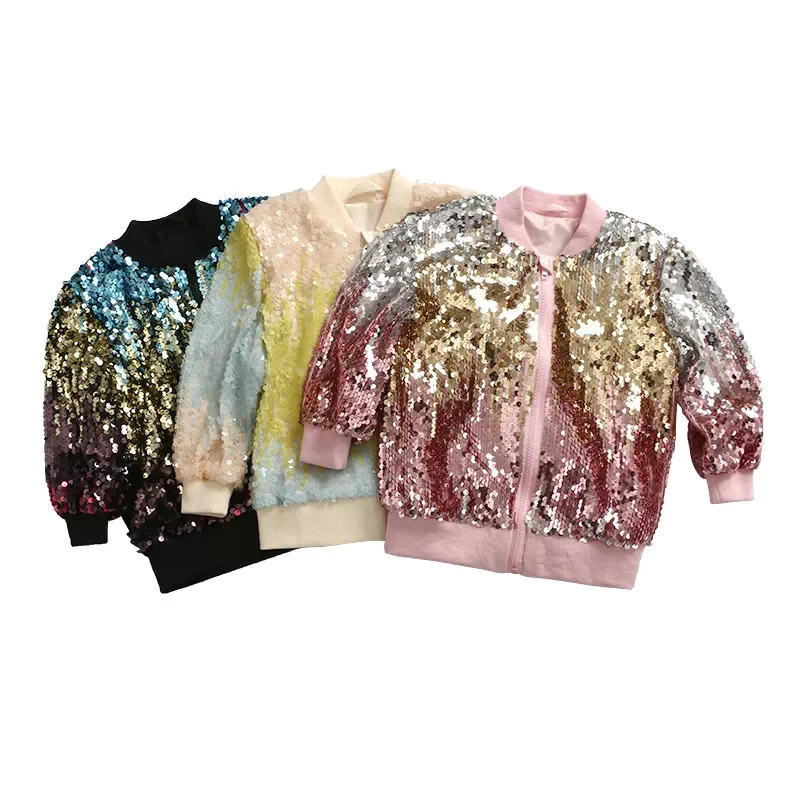 Fancy Spring Kids Top Tie Dye Sequined Long Sleeve Rib Cuff Hem Bomber Jacket Zipper Reversible Sequin Coat For Girl