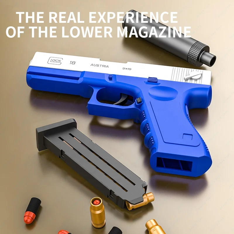 Qilong 2022 New Outdoor Indoor Foam Bullets Gun Toy G18 Shell Ejection Super Gun With Suppressor Pistol Manual Toy Guns For Boys
