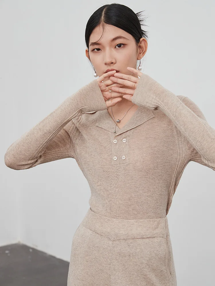 16-needle Basolan wool sweater polo collar sweater Japanese front shoulder 2022 early autumn new V-neck knitted sweater women