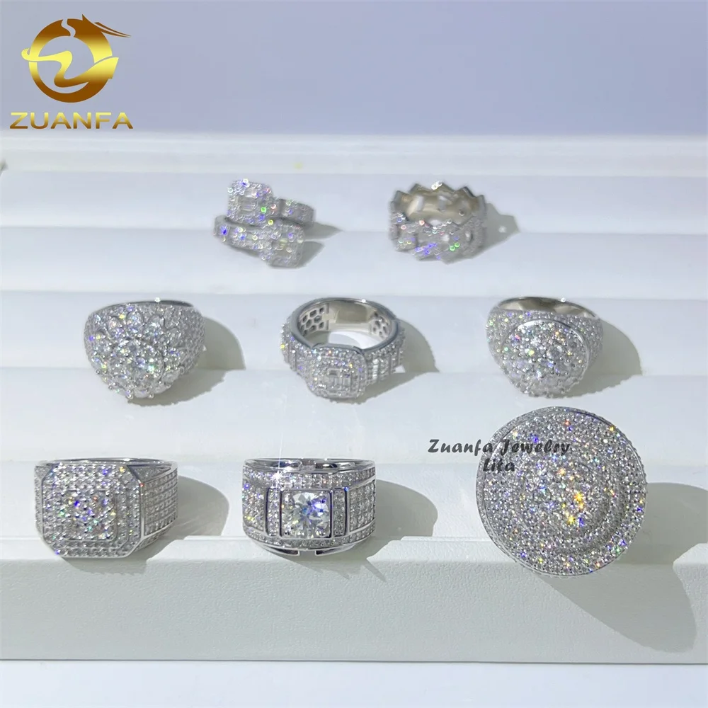 New arrival fine jewelry 925 sterling silver iced out diamond hip hop mens moissanite ring