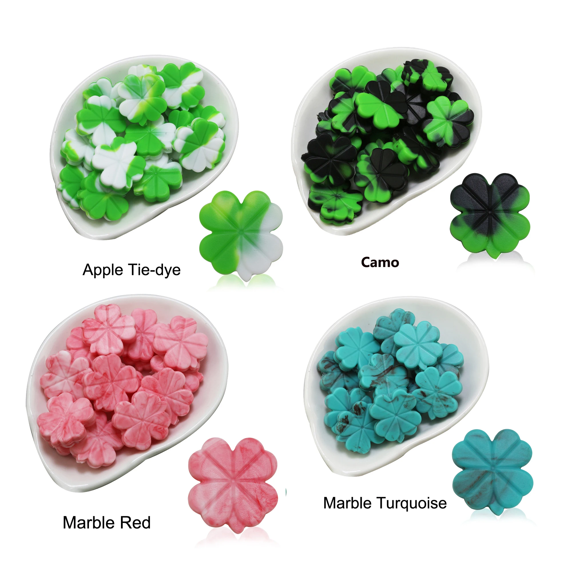 Customized  Candy Colors Colorful Camo Tie Dye Four Leaves Lucky Clover Shamrock Silicon Bead Wristlet Silicone Beads Wholesale