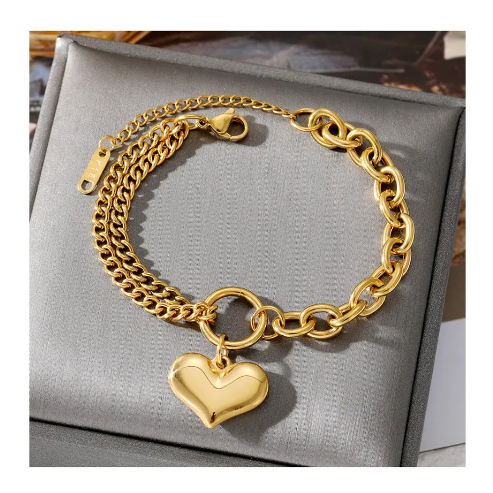 Hot Sell 18K Gold plated Bracelet Peach Heart Stainless steel Anti Allergy Chain Link Bracelet For Women Jewelry Gift