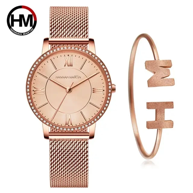 Brand Women Watch Hannah Martin 34mm Classic Luxury Rhindiamonds Original Japanese Movement Dress Women Banquet Watches Gift Set