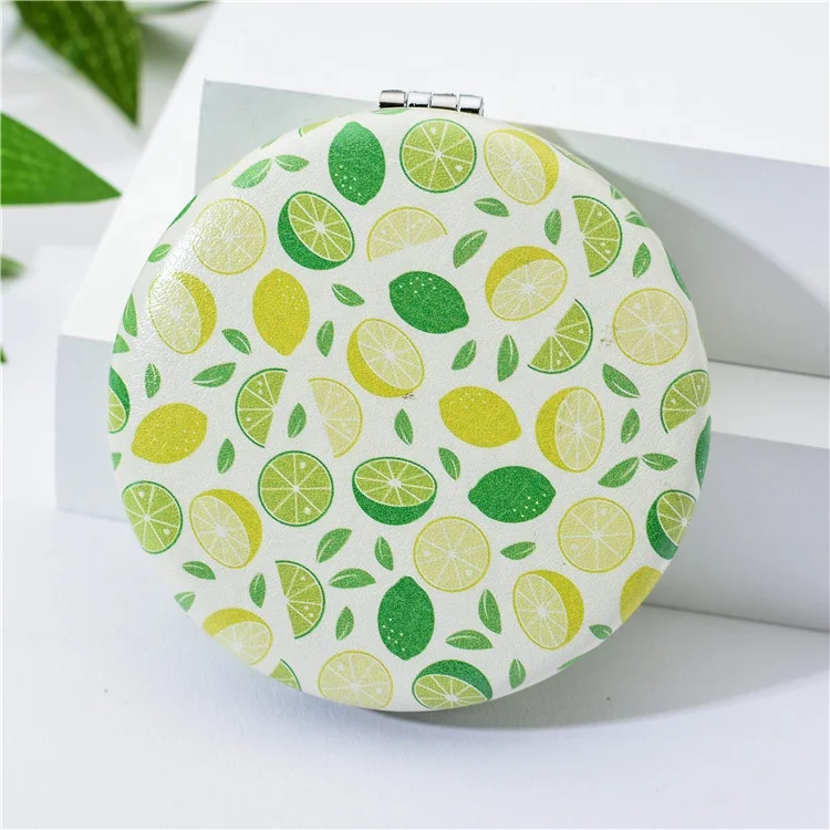 Customized Logo Beauty Round Frame Fruit Printed Handheld Mirror, Travel Portable High Definition Pocket Mirror