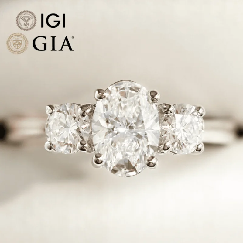 Gia Igi Certified Cvd Lab Grown Created Diamond 10k 14k 18k Gold Engagement Ring Oval Cut Three Stone Features Petal Claw
