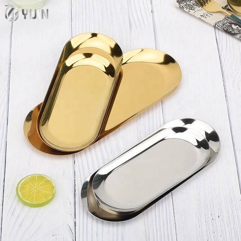 Wholesale metal small serving tray jewelry dessert steak fruit food dinner dishes stainless steel oval plate