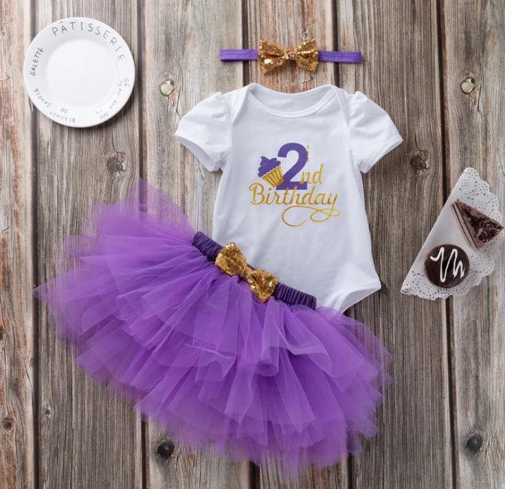 In stock baby suit baby cartoon birthday idea letter baby rompers solid color tutu skirt