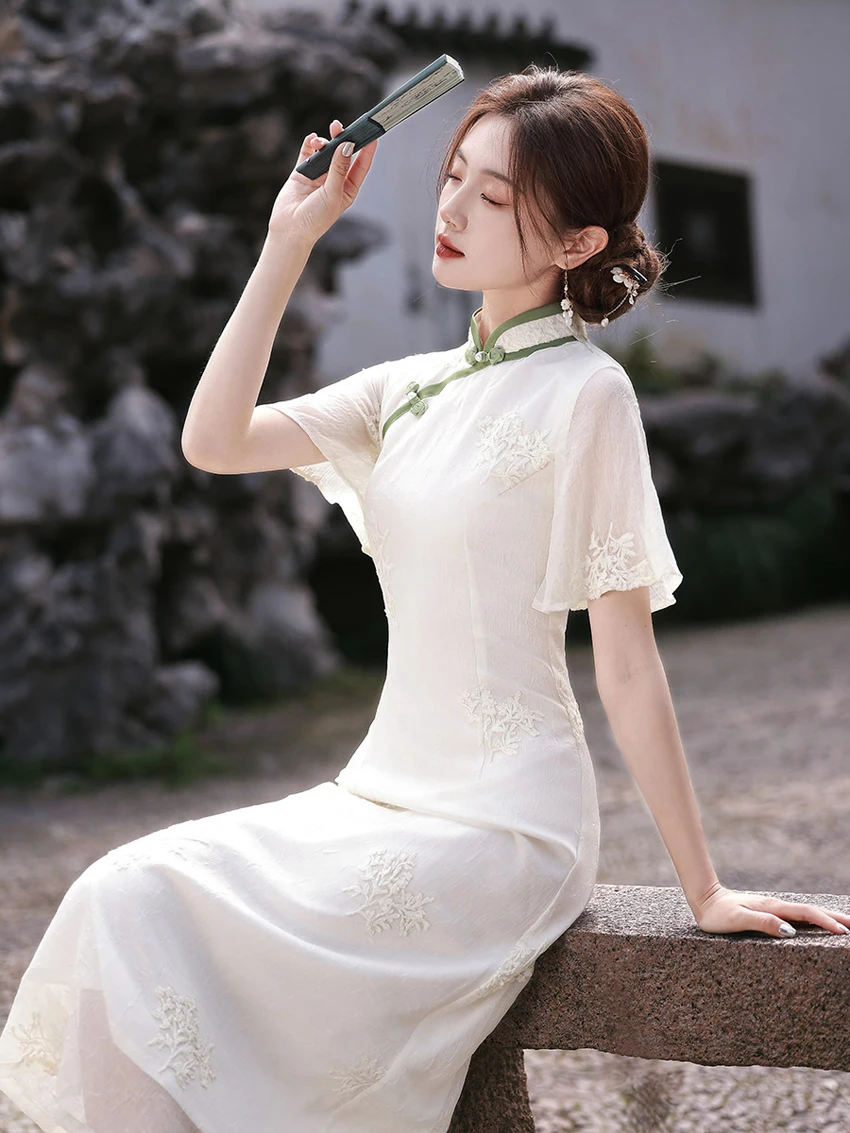 Factory white qipao dress chinese traditional style woman ladies girl student summer dress cheongsam 2025 sexy dresses for women