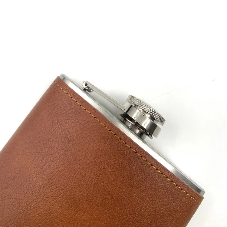 In stock Factory Cheap Price Stainless Steel brown leather cover Outdoor vintage 6oz Hip flask for whisky